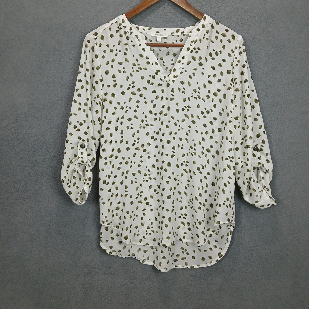 Maurices Blouse Top Womens S White Green Spots Print Roll Tab Sleeve Split Neck